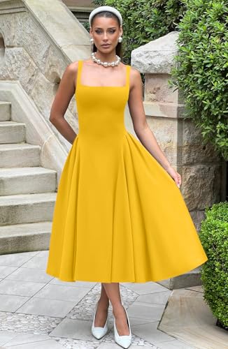 Image of Memoriesea Women's Elegant Square Neck Swing A Line Wedding Evening Party Midi Dress