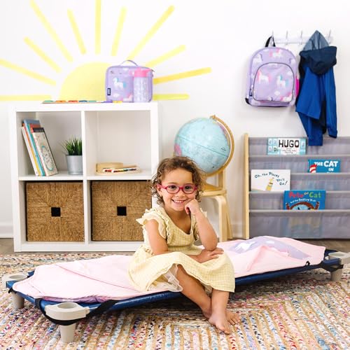 Image of Wildkin Modern Kids Nap Mat with Pillow for Girls - Soft & Cozy Cotton Blend, Elastic Straps, Toddler Sleep Mat for Daycare, Preschool, Kindergarten & Travel, Ages 3-7, Machine Washable - Unicorn