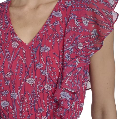 Image of Tommy Hilfiger Women's Sleeveless V-Neck Ruffle Trim Tie Waist Chiffon Mini Dress