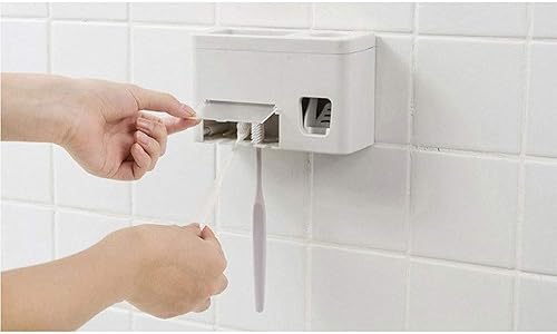 Miniatura 4 de MYSUP Toothbrush Holder Toothpaste Dispenser Dust-Proof Toothbrush Holder Wall Mount Stand Bathroom Accessories Set Toothpaste Squeezers Rack (Color