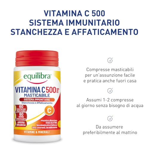 equilibra Integratori Alimentari, Vitamina C 500 mg, Integratore per la Normale Funzione del Sistema Immunitario, Riduce Stanchezza e Affaticamento, Aroma Arancia, 60 Compresse Masticabili - Immagine 4