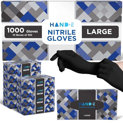 Hand-E Touch Black Disposable Nitrile Gloves Large 1000 Count Case - Powder Free, Surgical Medical Exam, Latex Free Gloves- Examination Grade Bulk Supply