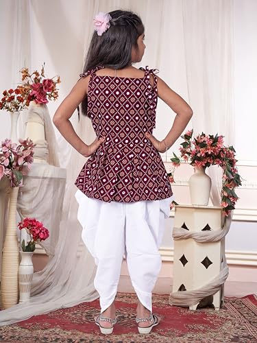 Image of Girls Ethnic Printed Peplum Top and White Dhoti Pant Set | Stylish Sleeveless Kurti with Comfortable Bottom | Traditional Festive Outfit for Kids