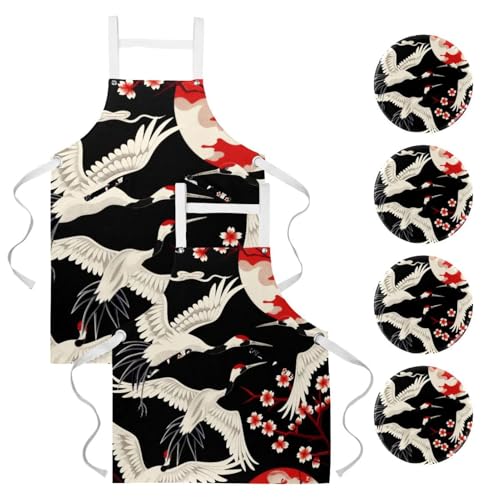 Tablier pour nettoyage de la maison et travail lot de 2 imprimé Grues cerises soleil