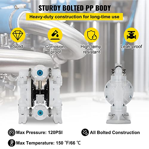 Image of VEVOR Air-Operated Double Diaphragm Pump 1 inch Inlet /Outlet 30GPM Polypropylene Max 120PSI for Chemical and Industrial Use