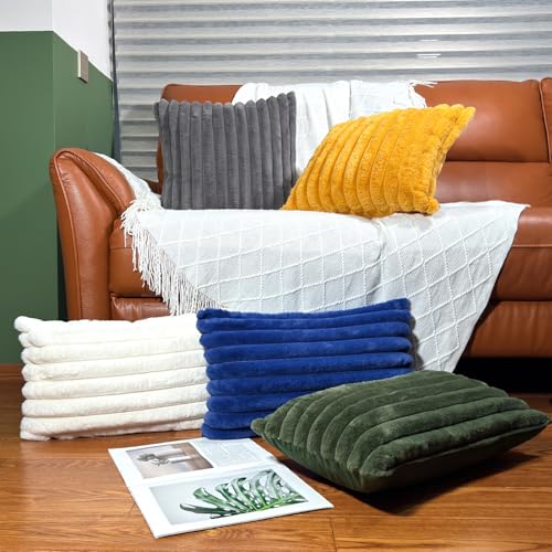 24x24 Pillow Covers, Decorative Faux Fur Throw Pillow Covers for Couch, Sofa Soft Fluffy Pillow Cover with Velvet Back for Living Room, Neutral Home Décor Accent for Bed - Blue