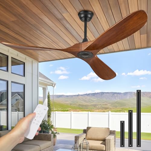 Image of Obabala 52 Inch Ceiling Fan No Light, Wood Indoor Outdoor Ceiling Fans Without Lights, Modern Propeller Exterior 3 Blade Wooden Fan for Patios Bedroom Living Room Porch(Walnut)