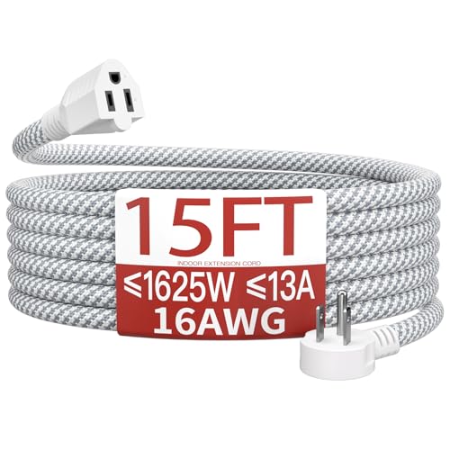 Image of 16 /3 Flat Plug Braided Extension Cord 15 FT, Indoor 3 Prong Grounded Low Profile Extension Wire Flexible, Suitable for Home and Office, 13 Amp 1625 Watt 125VAC 16AWG, ETL Listed