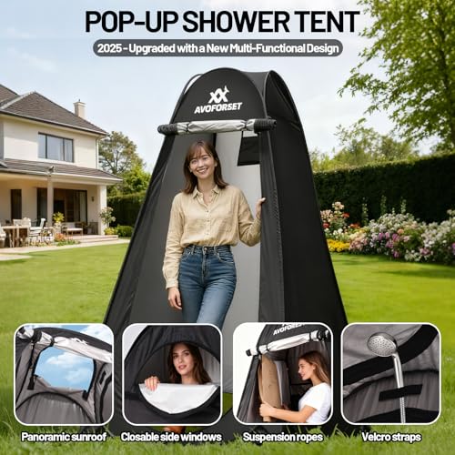 AVOFOREST Pop Up Privacy Tent - Camping Shower Tent,Instant Shower Changing Room with 8 Pcs Ground Stakes Portable Toilet Dressing Room for Camping,Beach,Hiking Angling Black