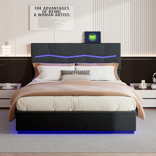 MINGZHE Cama doble acolchada 160 x 200 cm, PU, iluminación LED ajustable, cama con cabecera ajustable, dos enchufes europeos, cama para adultos y adolescentes (negro, 160 x 200 cm)