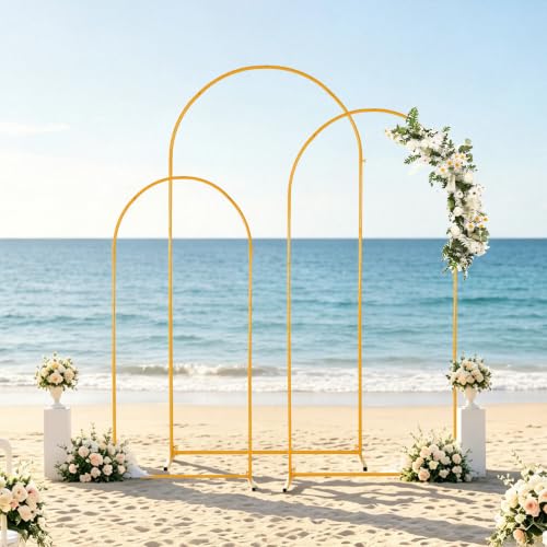 Image of Vincidern 3pcs Metal Wedding Arch Backdrop Stand, Party Arch Stand, Balloon Arch Backdrop for Wedding Ceremony, Baby Shower, Birthday Party, Bridal Shower, Graduation Decor, Gold,7.2FT, 6.6FT, 5.9FT