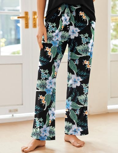 Ekouaer Pajama Sets for Women 2 Piece Short Sleeve Pj Sets With Long Printed Pants Sleepwear Casual Lounge Sets Black-blue flower XL — view 5