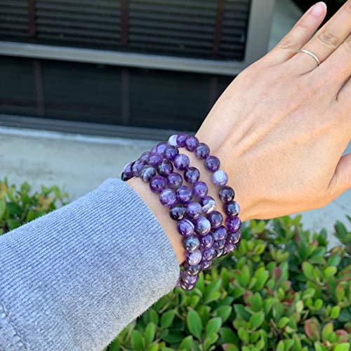 Natural Purple Amethyst Gemstone Beaded Bracelet 7 inch Stretch Chakras Gems Healing Crystal Women Mom Gift (Unisex) GB8-16