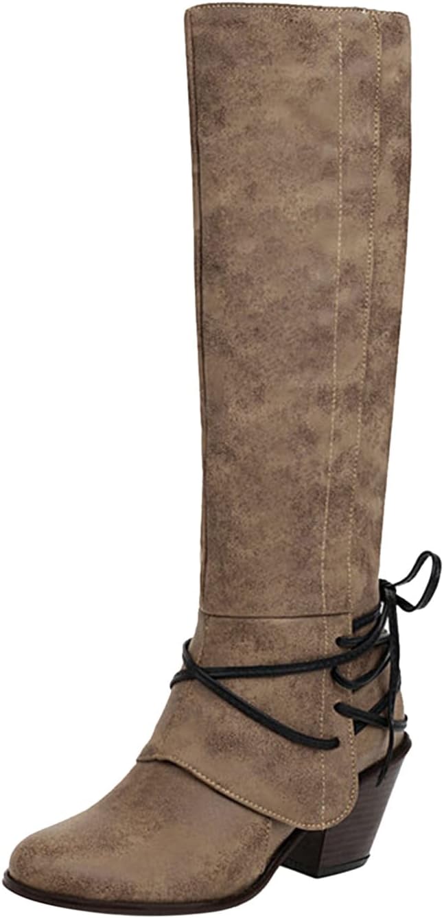 Knee High Boots Women - Vintage Pointed Toe Straps Lace Up Chunky Heel Long Boots Winter Warm Solid High Heel Leather Riding Boots Casual Shoes