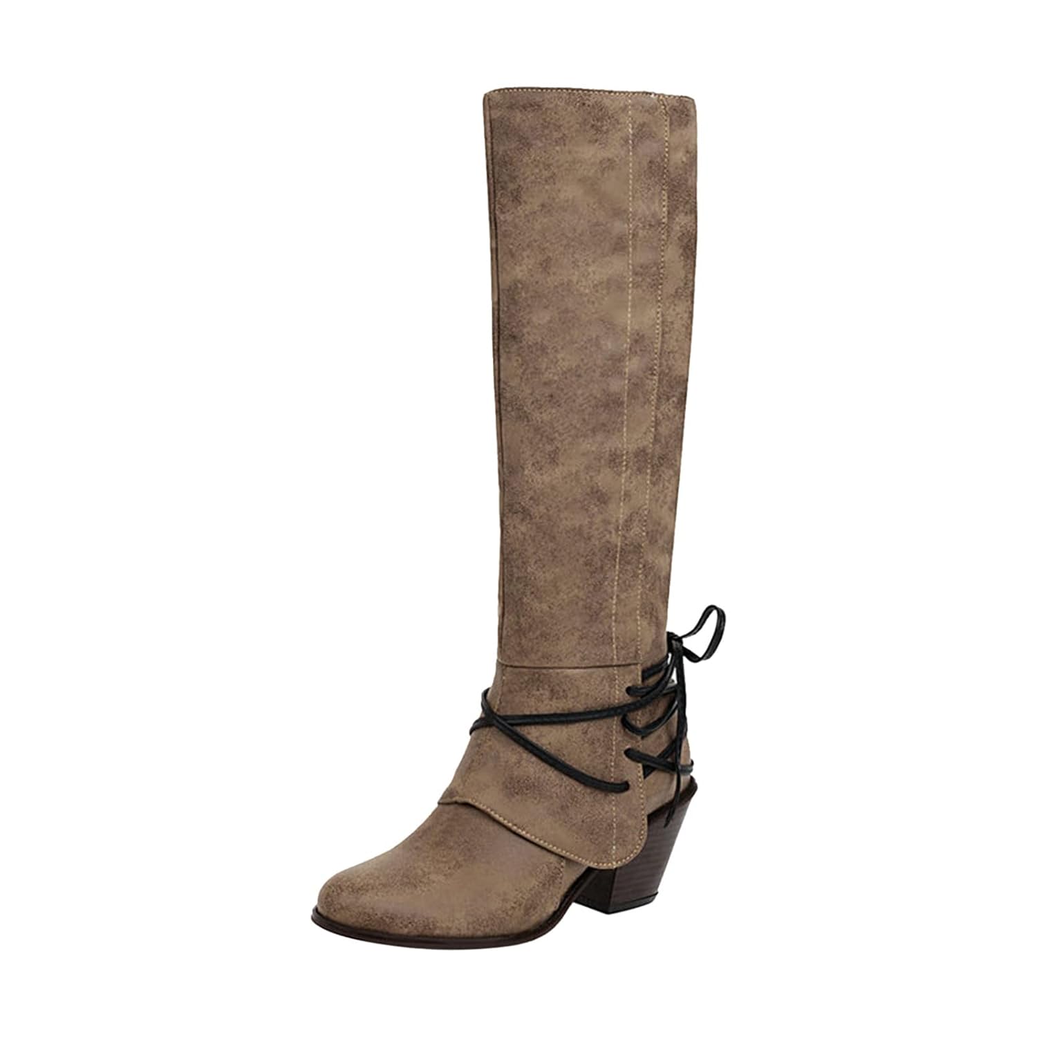 Knee High Boots Women - Vintage Pointed Toe Straps Lace Up Chunky Heel Long Boots Winter Warm Solid