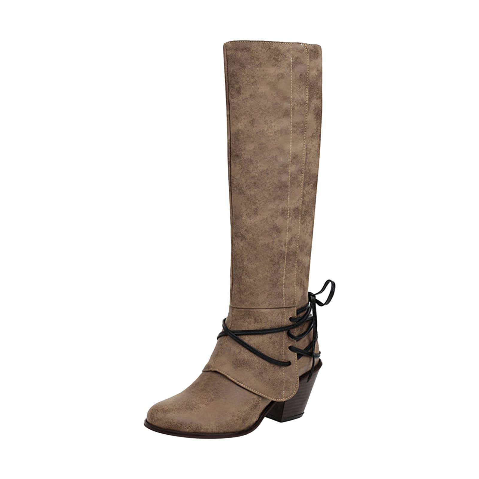 Knee High Boots Women - Vintage Pointed Toe Straps Lace Up Chunky Heel Long Boots Winter Warm Solid