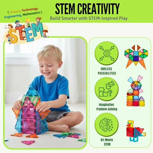 Image of Magnetic Tiles 150 PCS with 2 Cars Bases, STEM Magnet Building Tiles for Kids Ages 3-12, Educational Building Magnets Toys, Creative Construction, Preschool Learning & Play for Childs