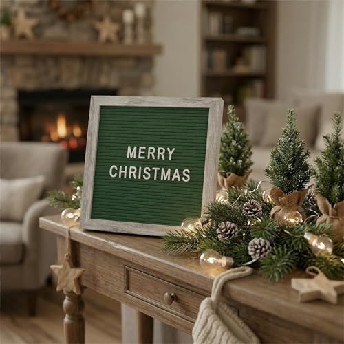Image of C Crystal Lemon Letter Board, 317 Pre-cut Letters Numbers & Symbols, 10x10 Inches, Changeable Wooden Message Board Sign, Wood Frame, Wall Mount, With Display Stand (Rustic Green) | Changeable message board with 336 letters, numbers and symbols for home messages, reminders and seasonal displays