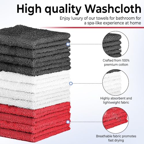 Image of QUBA LINEN 100% Cotton Washcloth Set - Soft, Absorbent Face Towels for Bathroom & Gym Use - Durable & Reusable Wash Cloths - Dark Grey, White & Burgundy, 12x12 Inches, Pack of 12
