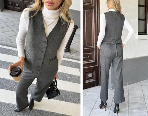 Women's 2 Piece Outfits Wool Blend Vest Waistcoat Dressy Casual Sets Winter Crop Wide Leg Pants Suits4