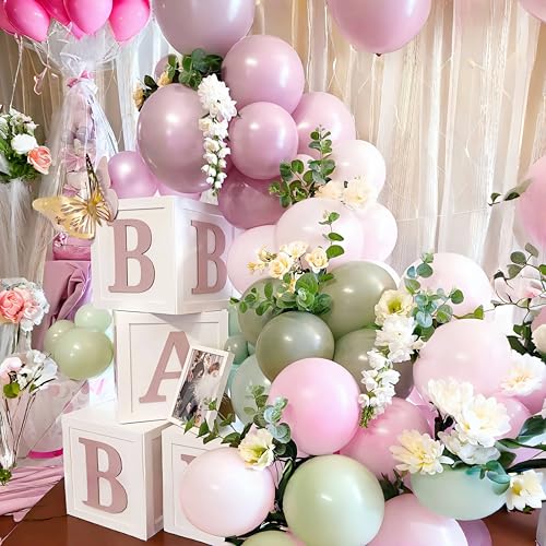 Image of Retro Pink and Sage Green Balloons, Olive Green Pale Pastel Pink Cream White Clear Transparent Balloon for Fairy Tea Party, Floral Balloons as Baby Shower Wedding Nutcracker Birthday Party Decoration