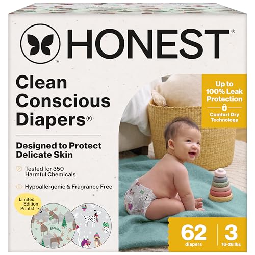 Image of The Honest Company Clean Conscious Diapers for Delicate Skin | Up to 100% Leakproof | Hypoallergenic, Fragrance Free | Winter '25 Limited Edition Prints | Club Box, Size 3 (16-28 lbs), 62 Count