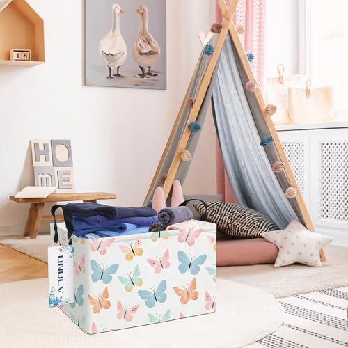 Image of Rectangular Folding Laundry Basket,Waterproof Canvas Basket,Gift Basket,Suitable for Children's Room,Office,Clothes,Toys Storage(Colorful butterfly)