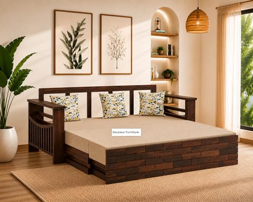 Image of Douceur Furnitures Solid Sheesham Wood 3 Seater Sofas | Three Seater Sofa Bed for Living Room, Hotels, Restaurant, Apartment | Wooden Sofa Bed