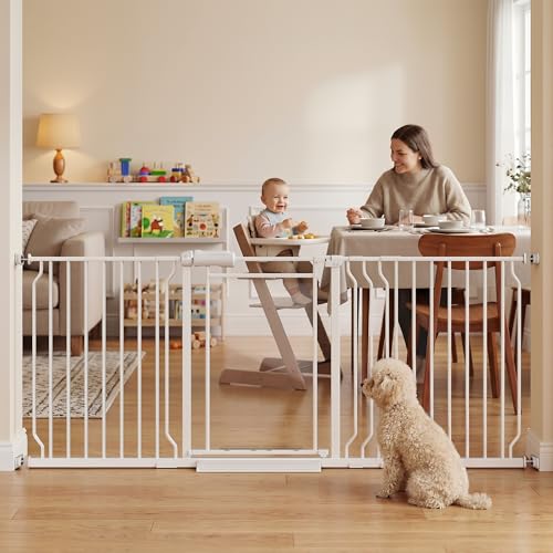 TSAYAWA Triple-Lock Acrylic Extra Wide Baby Gate 66.95-74.8 Crystal Clear Transparent Pet Gate for Dogs Heavy Duty Metal Gate for Doorways Pressure Mount Child Safety Barrier Auto Close White