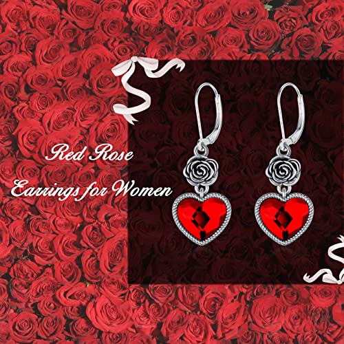 Red Heart Earrings For Women Sterling Silver Vintage Goth Rose Leverback Dangle Earrings With Simulated Ruby Red Heart Crystal From Austria, Anniversary Birthday Jewelry Gifts For Women Girls #TOP3