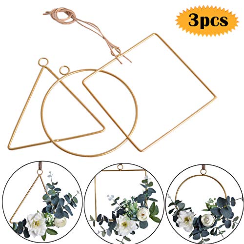 Bluesees - Juego de 3 anillos de corona de metal con acabado dorado, triángulo redondo y cuadrado, para arreglos florales, manualidades, atrapasueños y aros de macramé, con cordel de yute como regalo