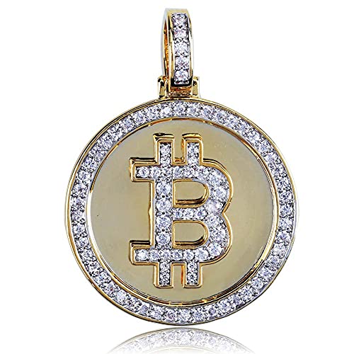 JAJAFOOK Iced Out CZ Simulated Diamond 14K Gold Plated Bitcoin Cryptocurrency Pendant Necklace with Rope Chain - Image 3