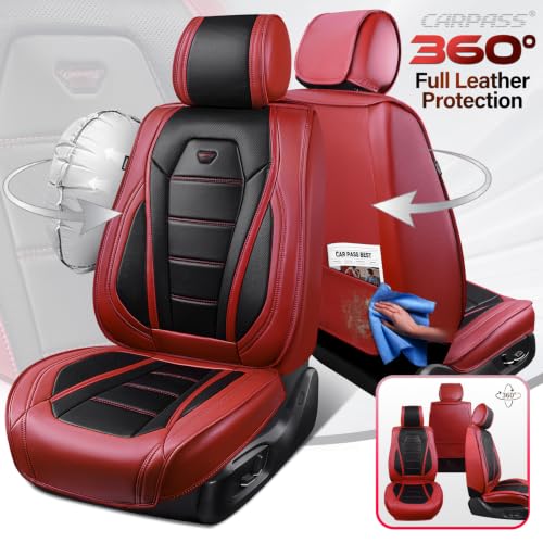 Image of CAR PASS Nappa Leather Car Seat Covers Front Seat Faux Leather, Black Red