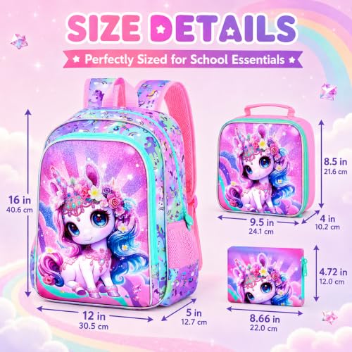 Image of 16 inch Unicorn Backpack for Girls, 3Pcs Kids School Backpacks with Lunch Box, Bookbag for Elementary Preschool Kindergarten(Pink)
