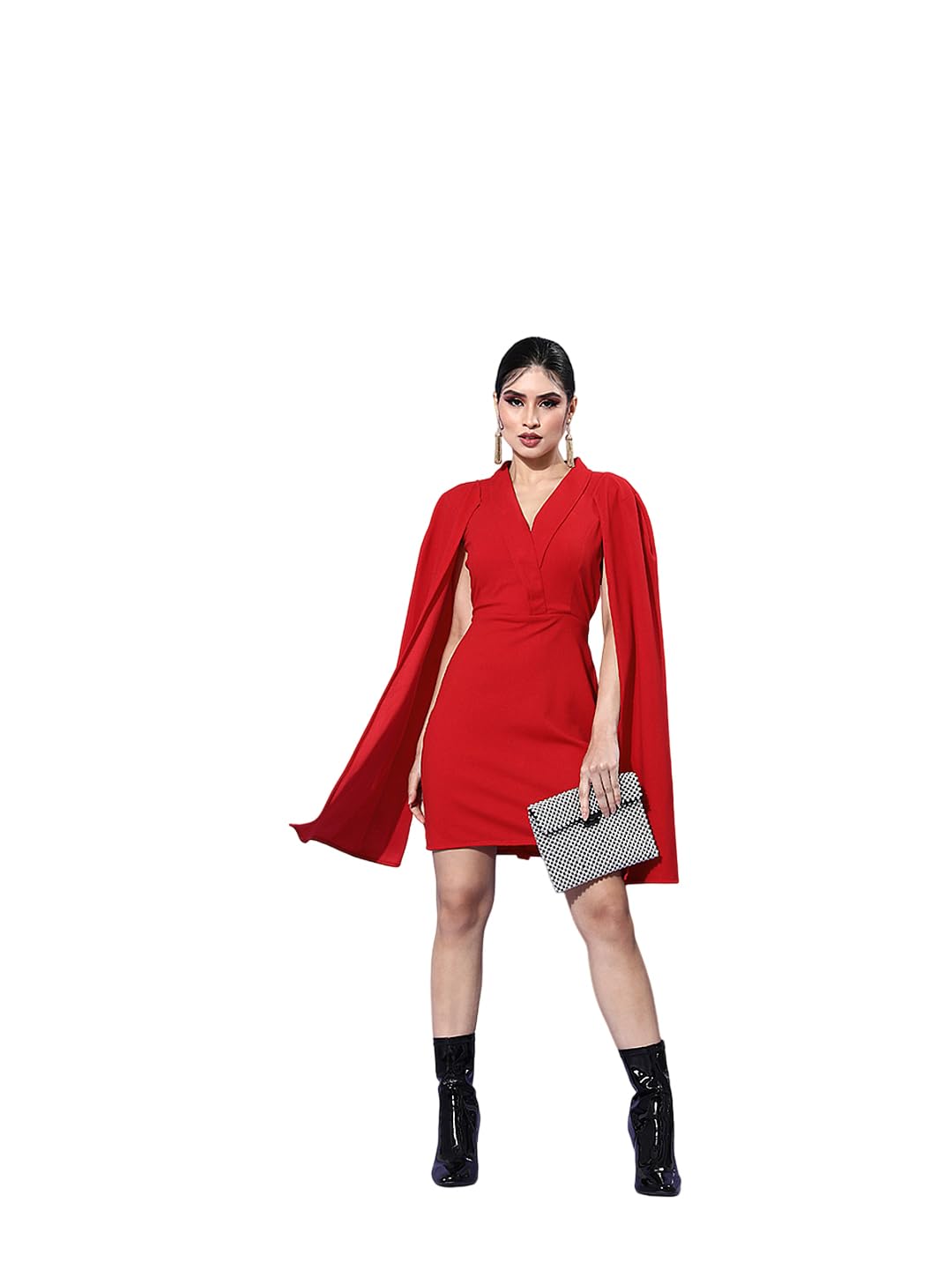 Red Blazer Dress with Notched Collar & Cape Sleeves-image-0