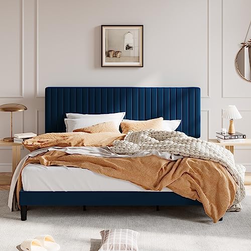 Image of SHA CERLIN King Upholstered Platform Bed Frame with Vertical Channel Tufted Velvet Fabric Adjustable Headboard, Wooden Slats Support, Mattress Foundation, Box Spring Optional, Blue