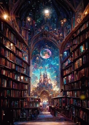 Diamond Painting Adulte Bibliothèque Céleste – Kit de Peinture Diamant 5D, Château Magique & Ciel Étoilé, Tableau Diamant Strass DIY, Activité...