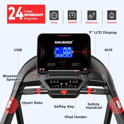 Image of Sparnod Fitness STH-5720 High-Performance Treadmill | 7HP Peak DC Motor | Auto Incline 22% | 1-20 km /h Speed | 7 inch LCD Display | Bluetooth Speaker | Hydraulic Fold | Running Machine for Gym Exercise