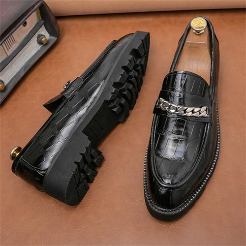 Men's Leather Printed Platform Slip-On Penny Loafers with Metal Chain Detail Lightweight Round Toe Business Dress Shoes for Formal Office Weddings Party3