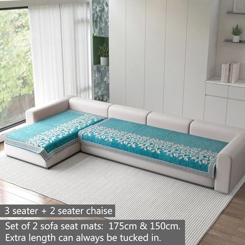 Image of Nendle Superior Velvet Floral Sofa Mat 5 Seater Set Durable Protector for Living Room Mat 3 Seater and 2 Seater, Suitable for L Shape, Sectional and U Shape Sofa (Aqua, Pack of 2)