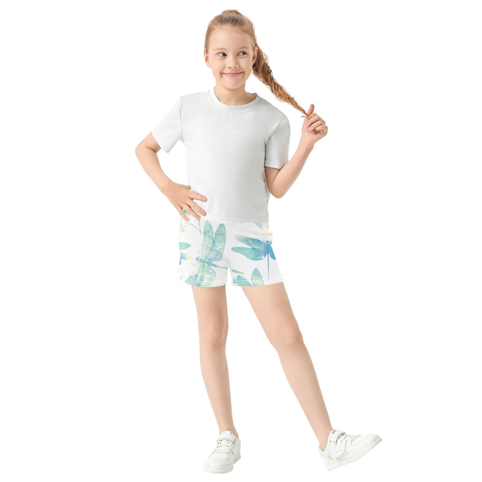 pnyoin Girl's Shorts Watercolor Teal Dragonfly Athletic Running Shorts with Pockets Size 7-8t