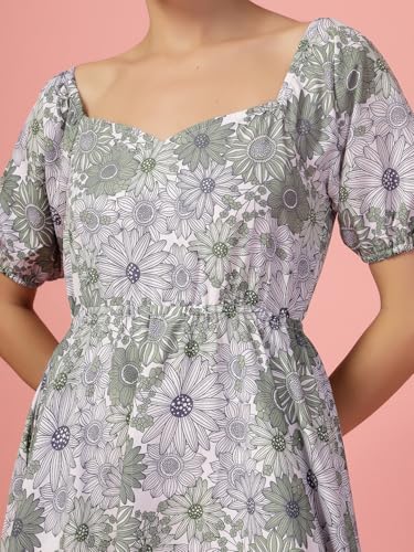Image of OOMPH! Below Knee Shift Pink Dress in Crepe Fabric with Round Neck and Puff Sleeves - md619l