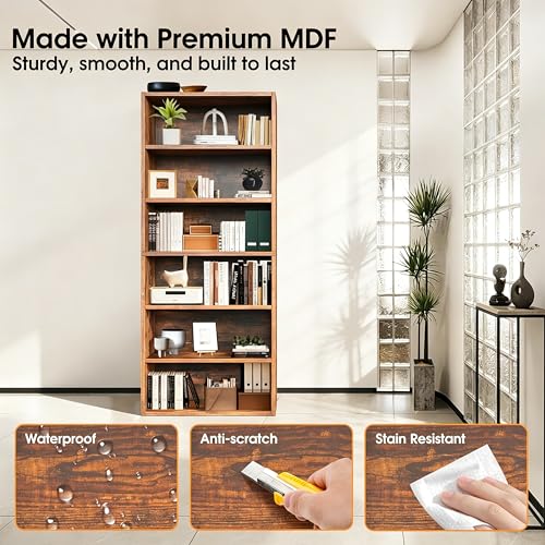 Image of HealSmart 6 Tier Bookcase, Industrial 6 Book Shelf, 9.2 inch D x 23.8 inch W x 63 inch H Tall Open Cube Storage Organizer for Home Office, Living Room, Bedroom and Dinning Room, Brown
