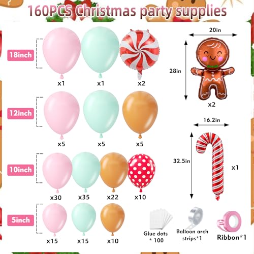 Image of 160Pcs Christmas Balloon Arch Garland Kit Xmas Pastel Pink Green Brown Latex Balloons Gingerbread Man Candy Cane Foil Balloons Arch Kit for Christmas New Year Party Birthday Party Decorations