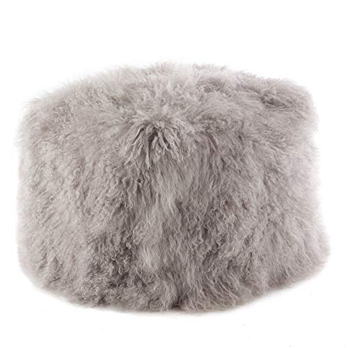 SARO LIFESTYLE PU356.BK Genuine Real Mongolian 100% Wool Lamb Fur Pouf Ottoman, Black, 18" x 18" x 16"