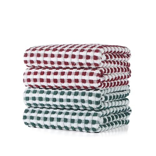 SALAS Cotton Dish Towels Cloths for Kitchen Drying Dishes, Lattice Terry Kitchen Towels, Absorbent Cloths with Hanging Loop, 16‘’ x 26‘’, 4 Packs, Wine Red and Green