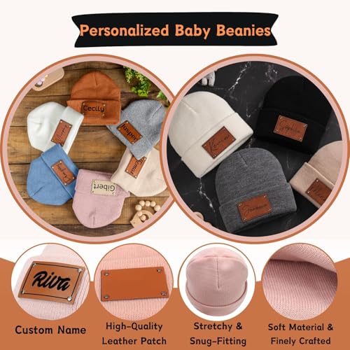 Personalized Baby Beanies, Custom Toddler Leather Patch Knit Hats with Name Infant Beanie Hat Newborn Winter Hats3