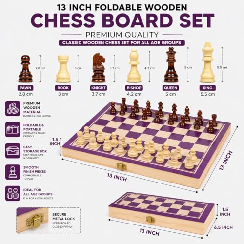 Image of 13 Inch Foldable Wooden Chess Board Set, Premium Quality, with Storage Box, Smooth Finish Pieces, for All Age Groups