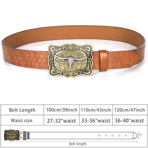 Western-Cowboy-Belts for Women Men Vintage Floral-Engraved Bull Head Buckle Cowgirl-Waist-Belt for 25 to 38" Waist3