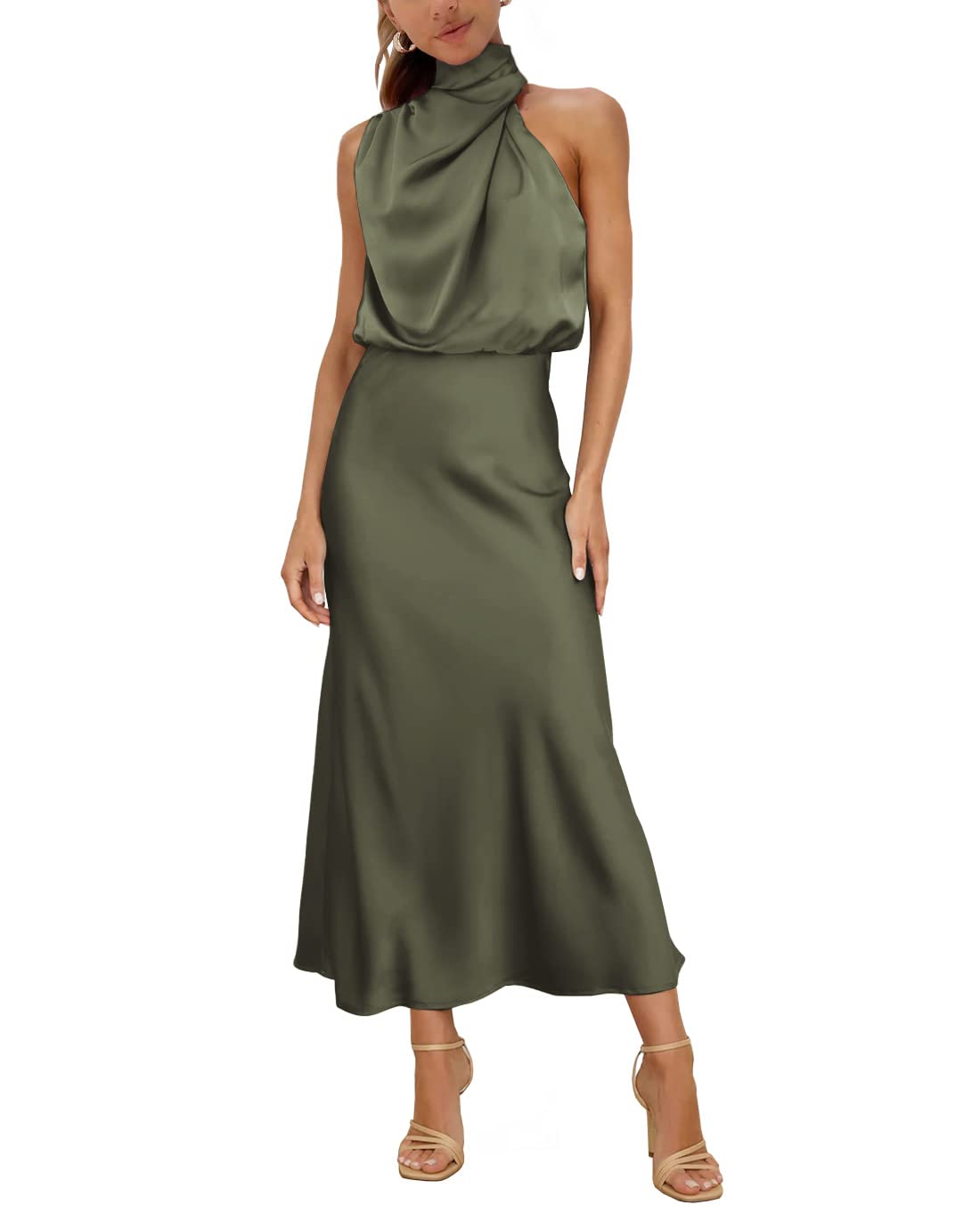 MIRGLER Vestido largo formal elegante de satén con cuello alto y cintura alta elástica para invitada de boda, noche, cóctel, fiesta, elegante